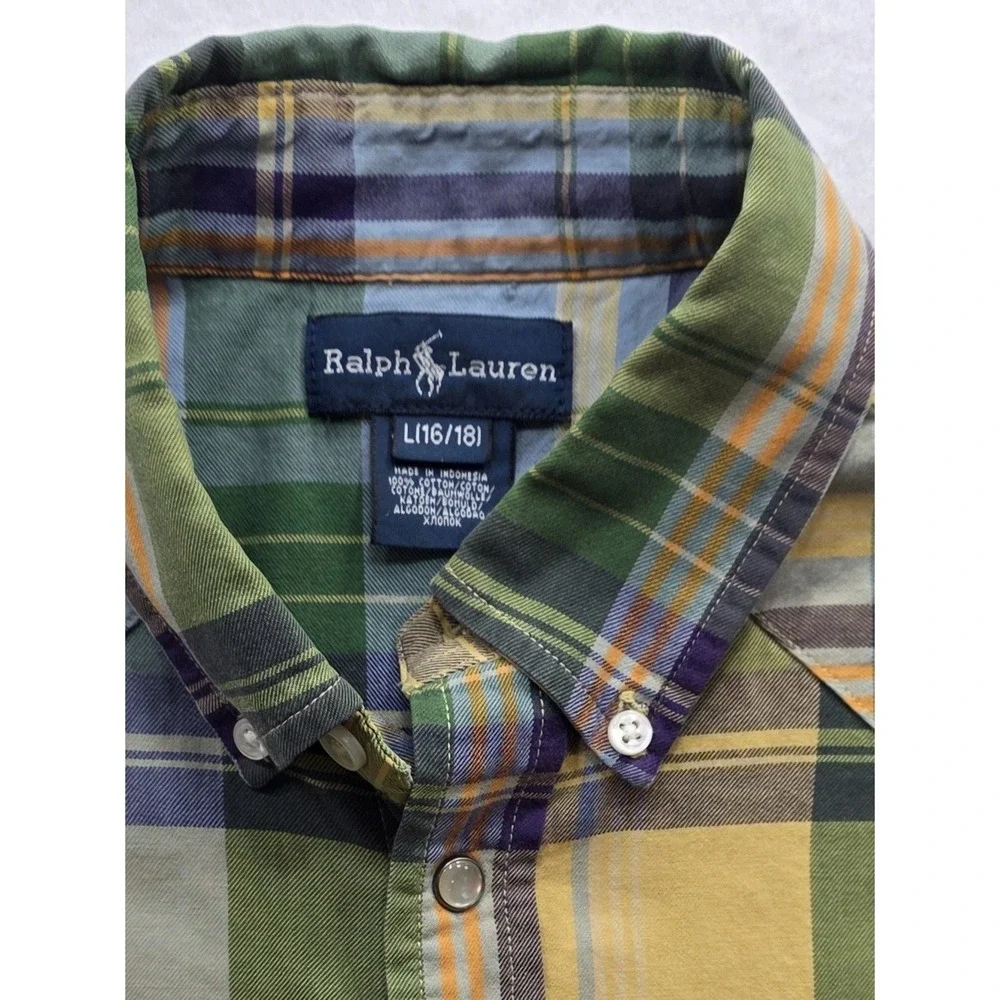 Ralph Lauren Boy's Western Pearl Snap Green Plaid Long SleeveShirt. Size L 16/18